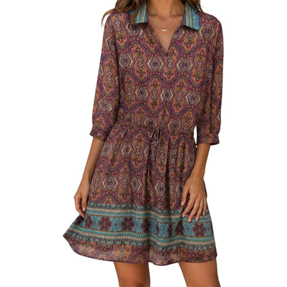 Stetson Blouson Dress Printed Collared V Neck 3/4 Sleeve Pink Multicolor Large
